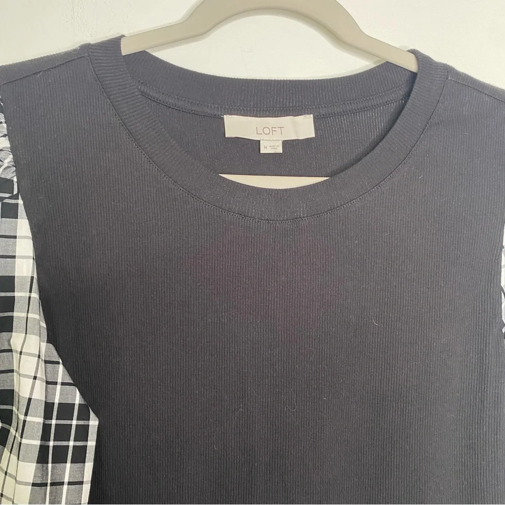 Loft Long Plaid Sleeve Knit Top Black Ivory Sz M
